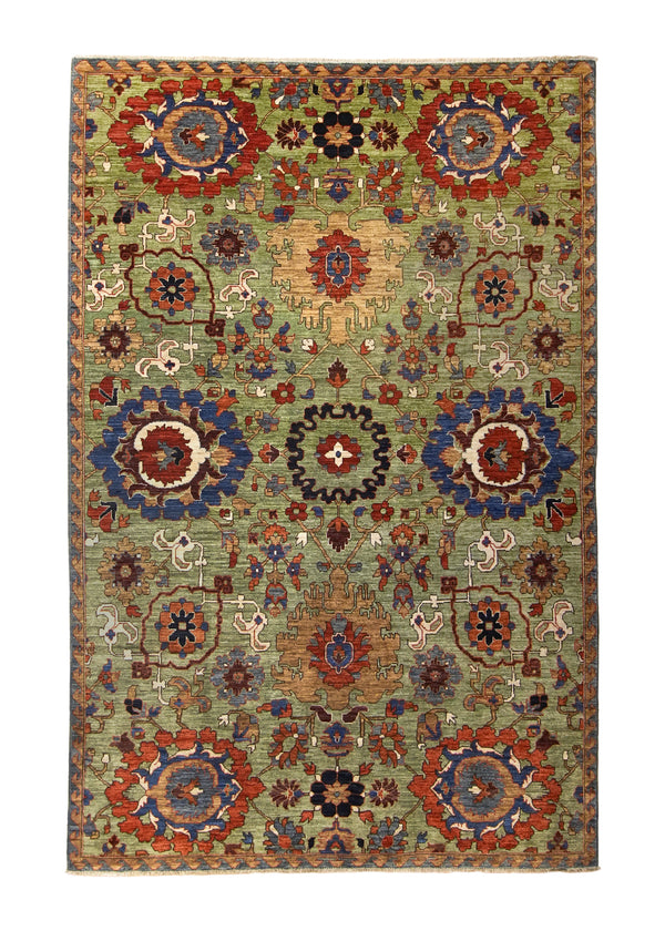 A35881 Oriental Rug Pakistani Handmade Area Transitional Tribal 6'2'' x 9'6'' -6x10- Green Floral Ariana Oushak Design