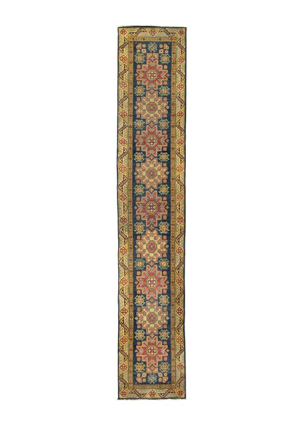 A35886 Oriental Rug Pakistani Handmade Runner Transitional Tribal 2'7'' x 14'3'' -3x14- Red Blue Yellow Gold Geometric Kazak Design