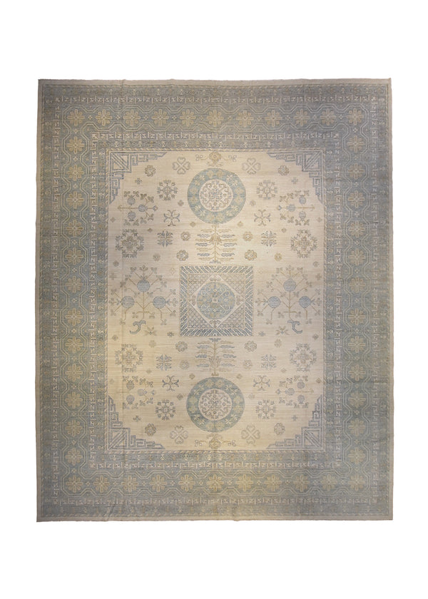 A35897 Oriental Rug Pakistani Handmade Area Transitional Neutral 12'0'' x 14'9'' -12x15- Whites Beige Blue Silver Wash Geometric Pomegranate Khotan Design