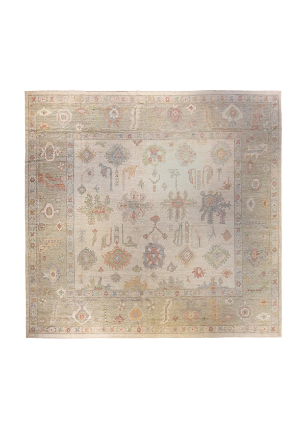 A35899 Oriental Rug Pakistani Handmade Area Transitional Neutral 11'9'' x 12'2'' -12x12- Green Whites Beige Silver Wash Floral Oushak Design