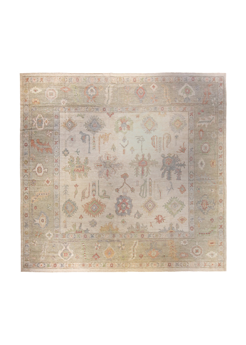 A35899 Oriental Rug Pakistani Handmade Area Transitional Neutral 11'9'' x 12'2'' -12x12- Green Whites Beige Silver Wash Floral Oushak Design