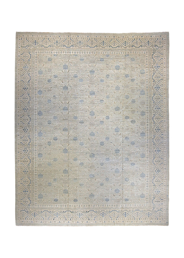 A35907 Oriental Rug Pakistani Handmade Area Transitional Neutral 8'1'' x 9'10'' -8x10- Whites Beige Blue Silver Wash Geometric Pomegranate Khotan Design