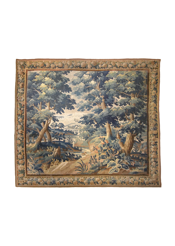A35913 European Rug Handmade Area Antique Traditional 9'4'' x 10'6'' -9x11- Blue Brown Pictorial Landscape Flemish Flemish Tapestry Design