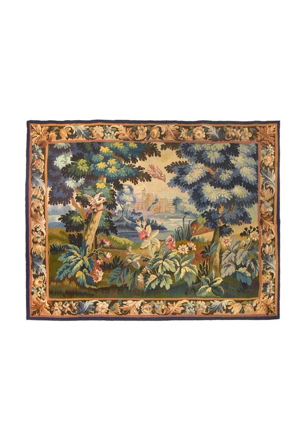 A35915 European Rug Handmade Area Antique Traditional 5'4'' x 6'10'' -5x7- Blue Pictorial Landscape France Flemish Tapestry Design