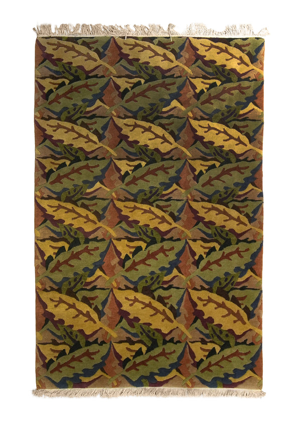 A35917 Oriental Rug Tibetan Handmade Area Transitional 4'0'' x 6'0'' -4x6- Green Yellow Gold Abstract Leaves Design