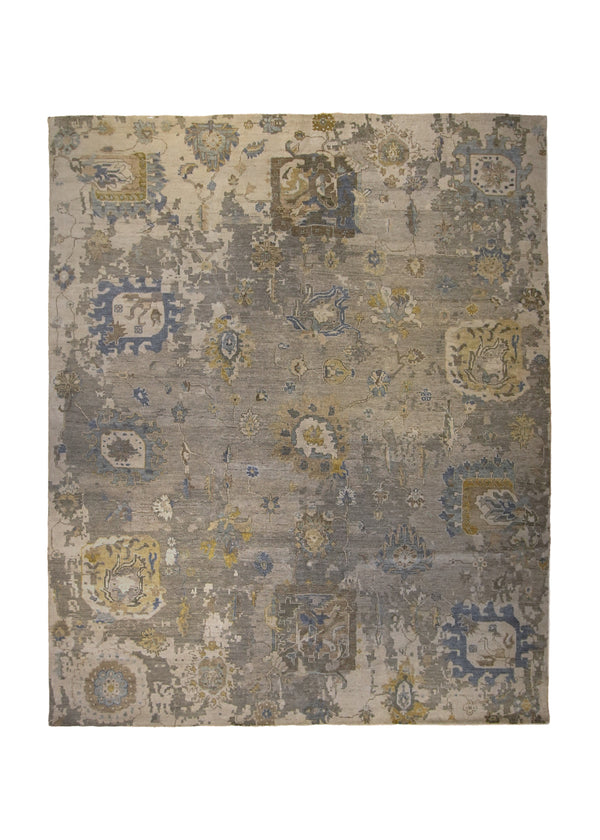 A35920 Oriental Rug Indian Handmade Area Transitional Neutral 8'1'' x 9'10'' -8x10- Whites Beige Blue Yellow Gold Erased Oushak Design