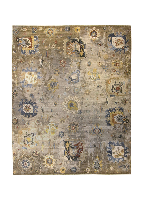 A35925 Oriental Rug Indian Handmade Area Transitional Neutral 8'1'' x 9'11'' -8x10- Whites Beige Blue Yellow Gold Erased Oushak Design