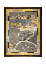 A35928 Oriental Rug Pakistani Handmade Area Transitional Tribal 8'10'' x 11'7'' -9x12- Yellow Gold Gray Brown Pictorial Landscape Gabbeh Design