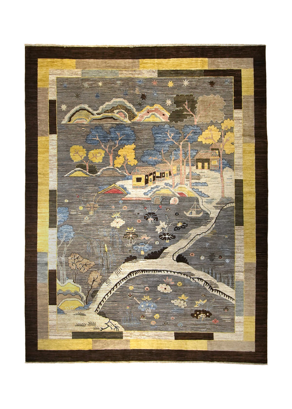 A35928 Oriental Rug Pakistani Handmade Area Transitional Tribal 8'10'' x 11'7'' -9x12- Yellow Gold Gray Brown Pictorial Landscape Gabbeh Design