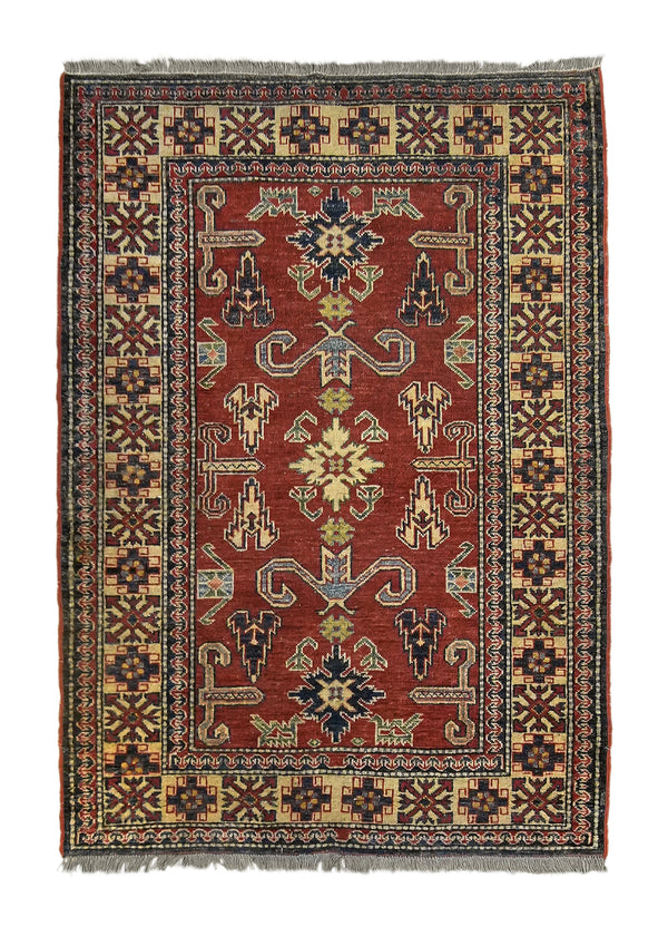 A35933 Oriental Rug Pakistani Handmade Area Tribal 3'6'' x 4'11'' -4x5- Red Geometric Kazak Design