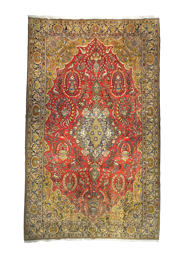 A35938 Persian Rug Qum Handmade Area Traditional 9'9'' x 16'2'' -10x16- Green Red Tree of Life Animals Vase Design
