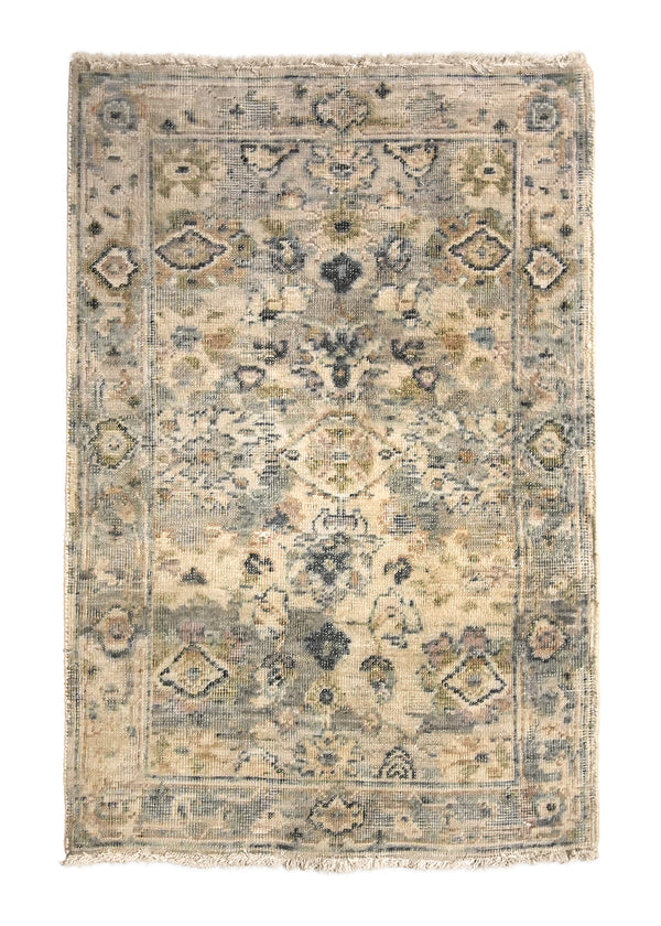 A35946 Oriental Rug Indian Handmade Area Transitional Neutral 2'0'' x 3'0'' -2x3- Whites Beige Blue Floral Oushak Distressed Design