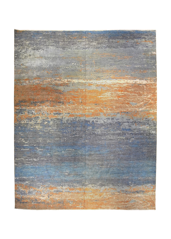 A35958 Oriental Rug Pakistani Handmade Area Modern 12'0'' x 15'3'' -12x15- Orange Blue Abstract Splatter Design