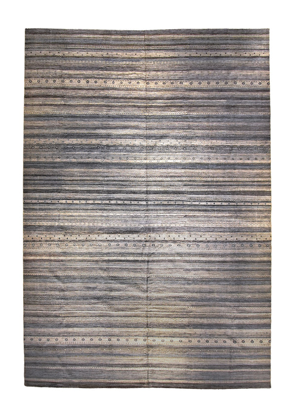 A35960 Oriental Rug Pakistani Handmade Area Transitional Tribal 12'2'' x 17'8'' -12x18- Gray Whites Beige Stripes Grass Gabbeh Design