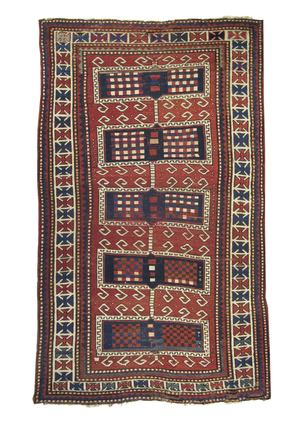 Caucasian Rug Kazak Handmade Area Tribal Vintage 4'0"x6'10" (4x7) Red Blue Geometric Design #A10077