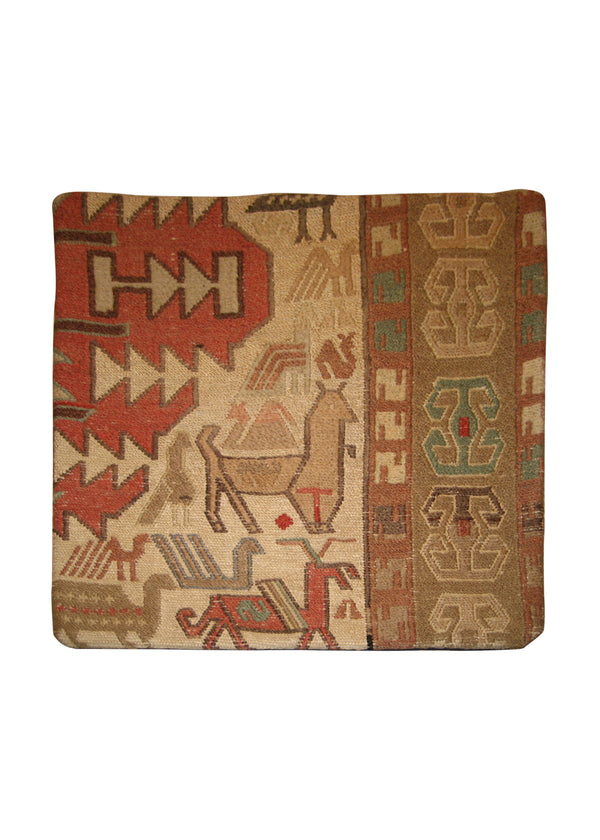 Persian Rug Azerbaijan Handmade Pillow Tribal 1'4"x1'4" (1x1) Pink Whites/Beige Kilim Geometric Design #A10258