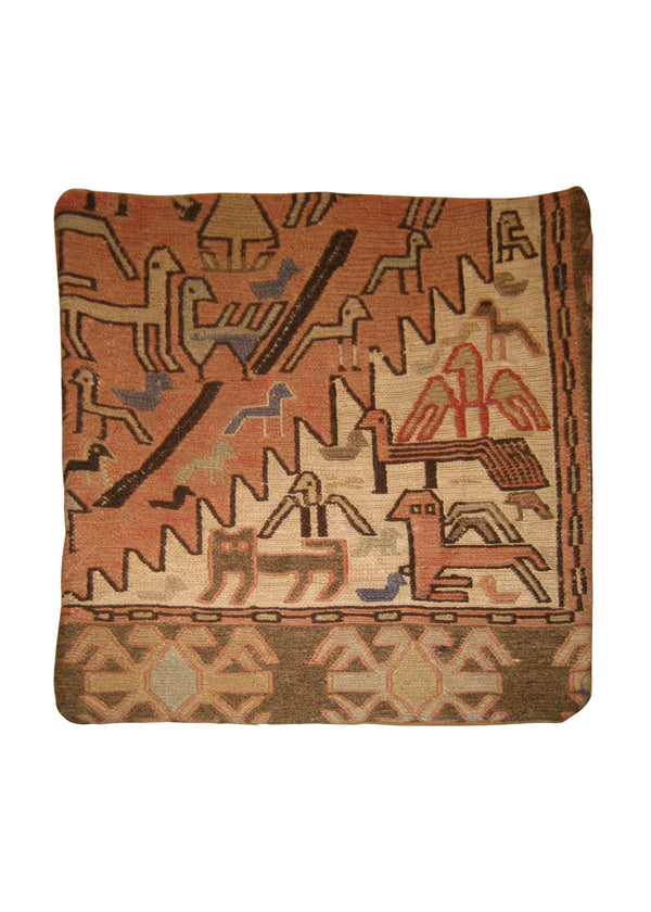 Persian Rug Azerbaijan Handmade Pillow Tribal 1'4"x1'4" (1x1) Pink Whites/Beige Kilim Geometric Design #A10259