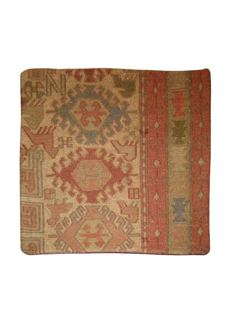Persian Rug Azerbaijan Handmade Pillow Tribal 1'4"x1'4" (1x1) Pink Whites/Beige Kilim Geometric Design #A10262
