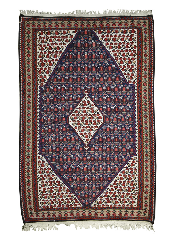 Persian Rug Senneh Handmade Area Traditional Tribal 3'7"x5'1" (4x5) Blue Red Floral Design #A10307