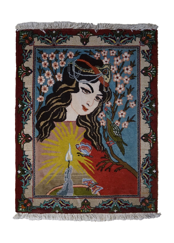 Persian Rug Tabriz Handmade Area Traditional 1'11"x2'5" (2x2) Red Blue Pictorial Design #A10326