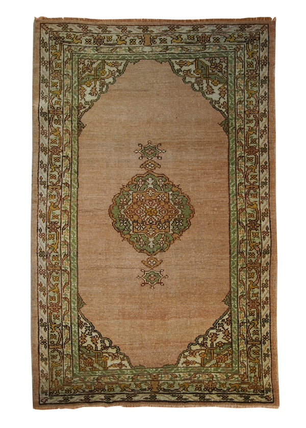 Oriental Rug Turkish Handmade Area Tribal Antique 3'9"x5'8" (4x6) Pink Green Oushak Open Field Design #A10337