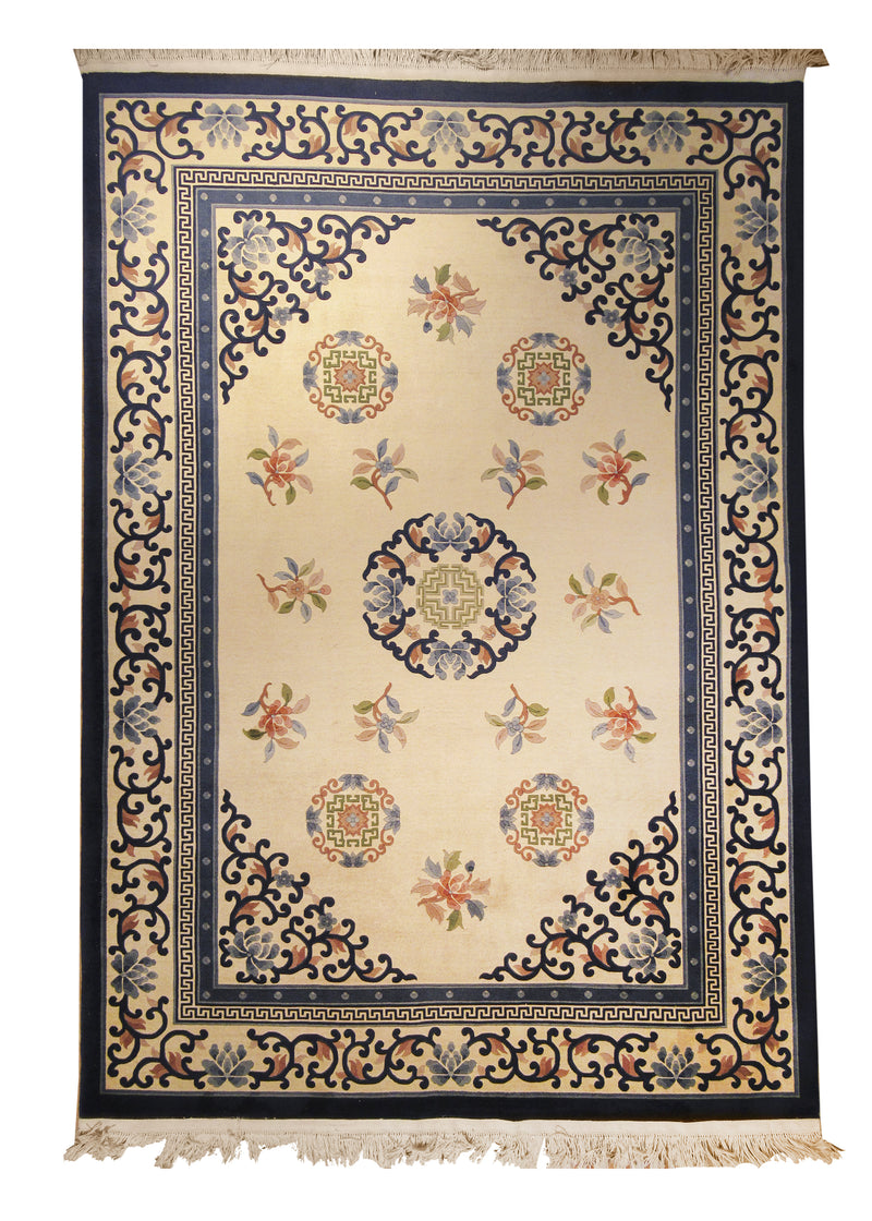 Oriental Rug Chinese Handmade Area Traditional 7'0"x10'0" (7x10) Whites/Beige Blue Floral Design #A10345