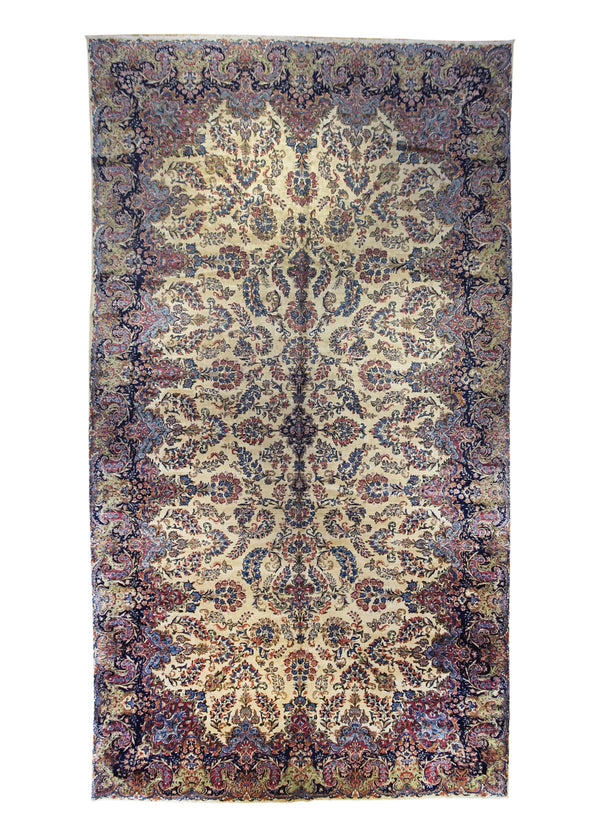 Persian Rug Lavar Kerman Handmade Area Traditional Vintage 9'5"x17'6" (9x18) Whites/Beige Blue Open Field Design #A10359