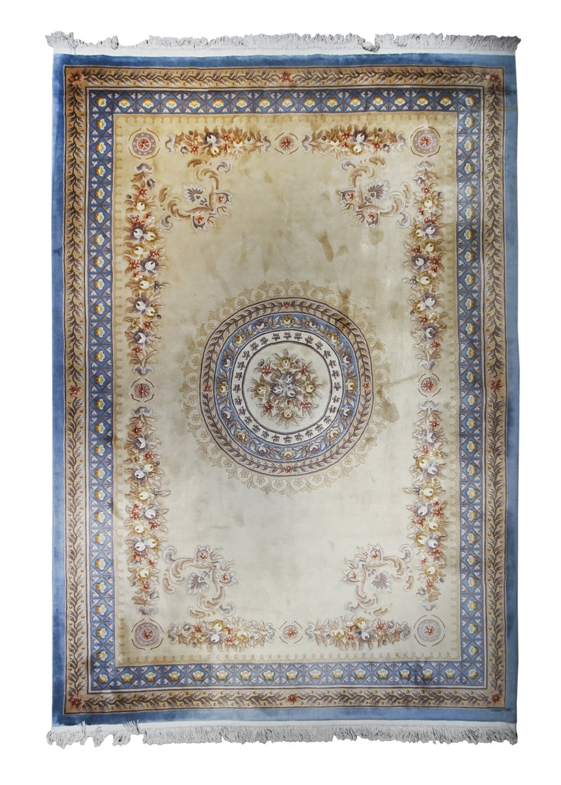 Oriental Rug Chinese Handmade Area Traditional 9'11"x14'2" (10x14) Whites/Beige Blue Floral Design #A10366