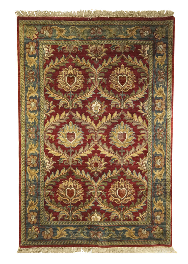 Oriental Rug Indian Handmade Area Transitional 4'1"x6'1" (4x6) Red Green Tea Washed Floral Design #A10705