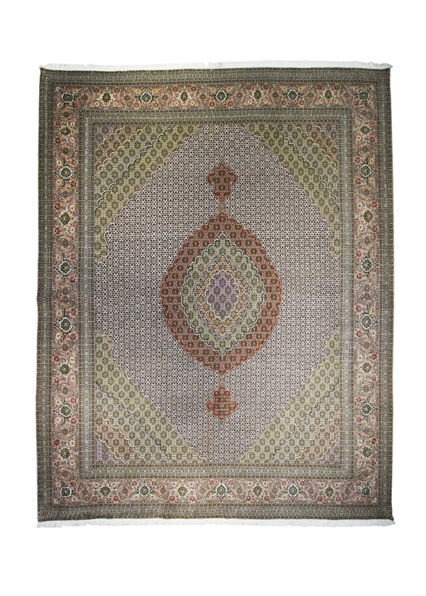 Persian Rug Tabriz Handmade Area Traditional 9'10"x12'8" (10x13) Whites/Beige Pink Green Mahi Fish Design #A10723