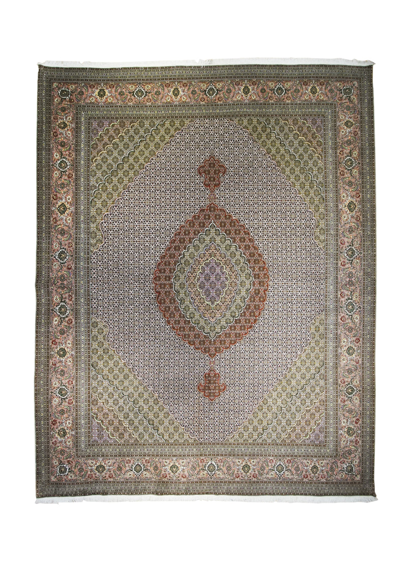 Persian Rug Tabriz Handmade Area Traditional 9'10"x12'8" (10x13) Whites/Beige Pink Green Mahi Fish Design #A10723