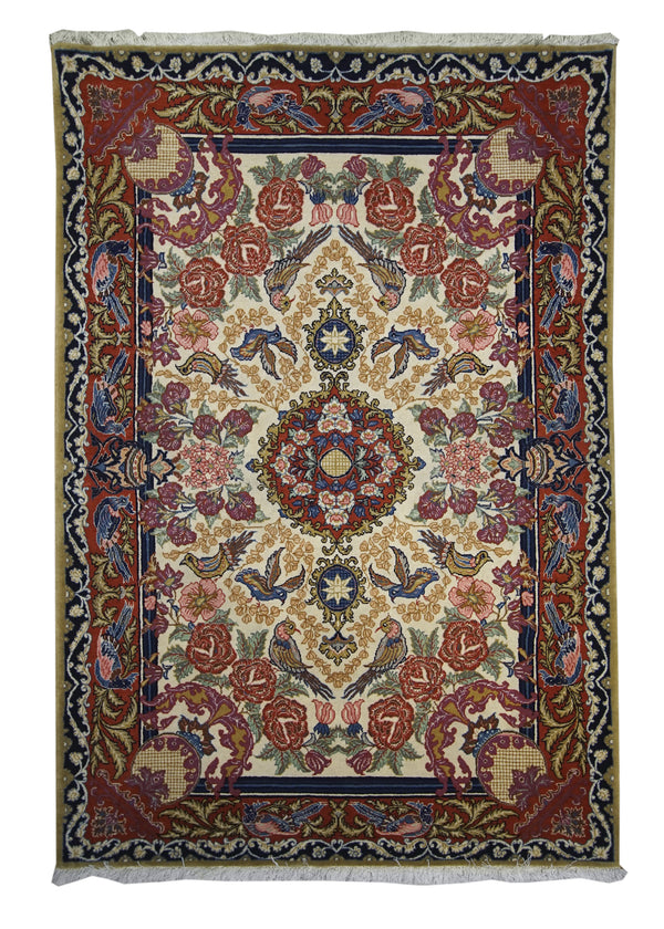 Persian Rug Bakhtiari Handmade Area Tribal 3'7"x5'2" (4x5) Whites/Beige Red Floral Animals Design #A11102
