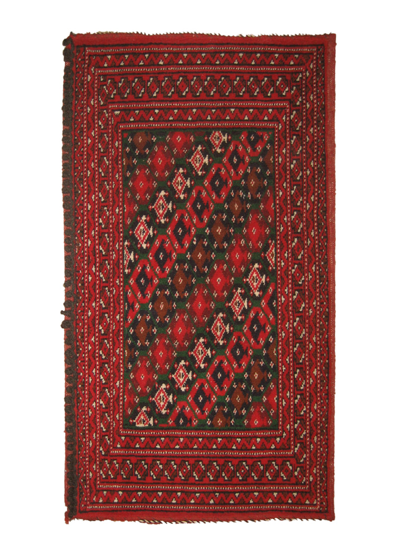 Persian Rug Turkmen Handmade Area Tribal 1'6"x2'8" (2x3) Red Green Geometric Bokhara Elephant Foot Poshti Design #A11158