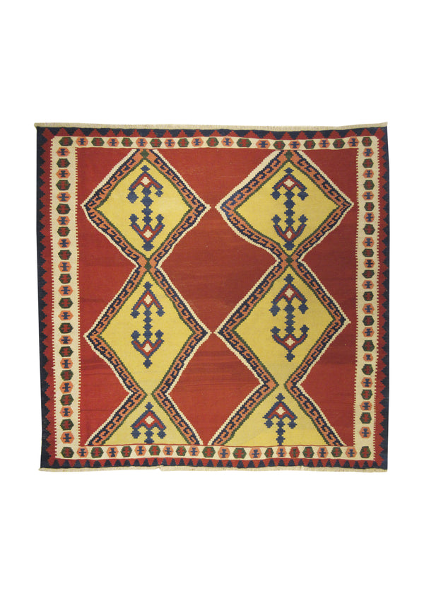 Persian Rug Shiraz Handmade Square Tribal 6'6"x6'9" (7x7) Red Yellow/Gold Multi-color Kilim Geometric Design #A11194
