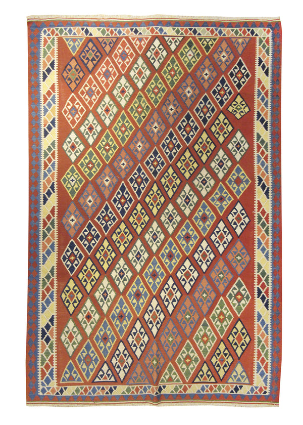 Persian Rug Shiraz Handmade Area Tribal 6'7"x10'0" (7x10) Red Multi-color Geometric Kilim Design #A11196