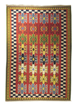 Persian Rug Shiraz Handmade Area Tribal 6'9"x10'0" (7x10) Red Green Yellow/Gold Geometric Kilim Design #A11200
