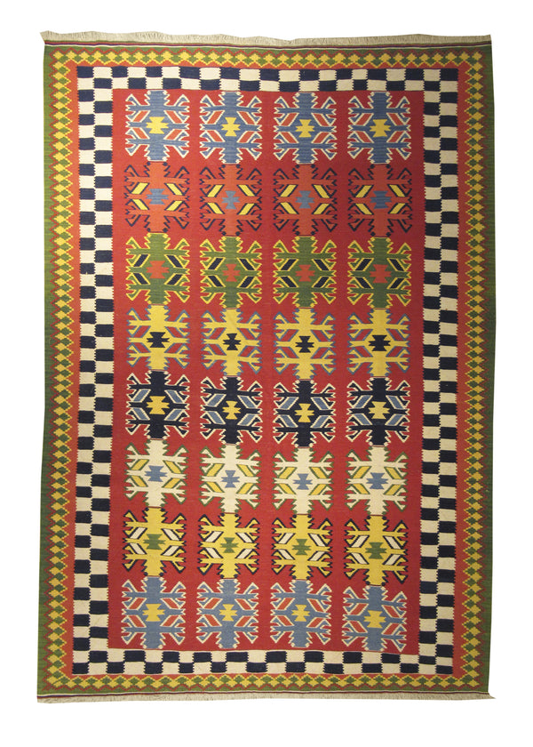 Persian Rug Shiraz Handmade Area Tribal 6'9"x10'0" (7x10) Red Green Yellow/Gold Geometric Kilim Design #A11200