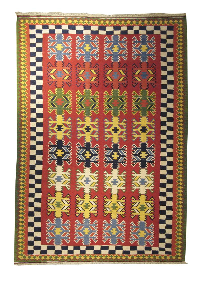 Persian Rug Shiraz Handmade Area Tribal 6'9"x10'0" (7x10) Red Green Yellow/Gold Geometric Kilim Design #A11200
