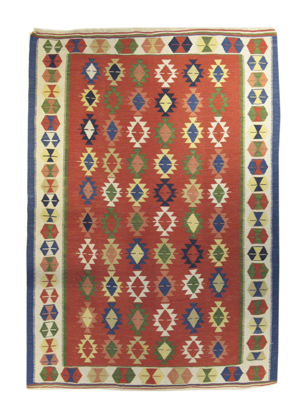 Persian Rug Shiraz Handmade Area Tribal 4'8"x6'8" (5x7) Red Multi-color Geometric Kilim Design #A11202