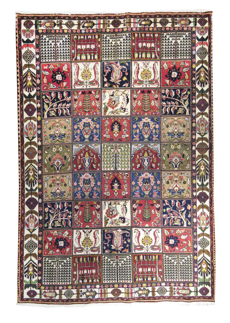 Persian Rug Bakhtiari Handmade Area Tribal 6'9"x10'1" (7x10) Multi-color Whites/Beige Red Garden Design #A11442