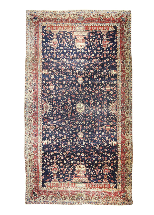 Persian Rug Lavar Kerman Handmade Area Traditional Antique 9'11"x17'6" (10x18) Blue Red Floral Design #A11461