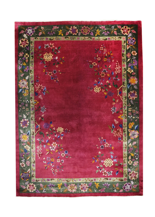 Oriental Rug Chinese Handmade Area Traditional Antique 9'10"x13'5" (10x13) Red Green Nichols Art Deco Open Design #A11534