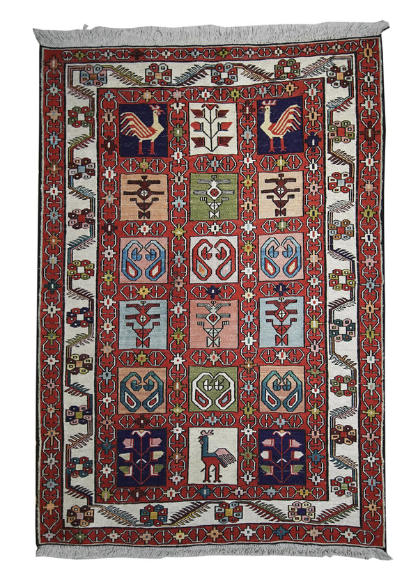 Persian Rug Azerbaijan Handmade Area Tribal 3'3"x4'6" (3x5) Multi-color Red Garden Kilim Animals Design #A11544
