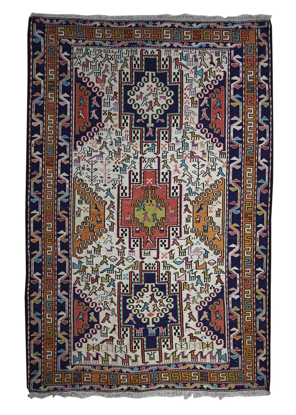 Persian Rug Azerbaijan Handmade Area Tribal 3'5"x4'10" (3x5) Whites/Beige Multi-color Geometric Kilim Animals Design #A11547
