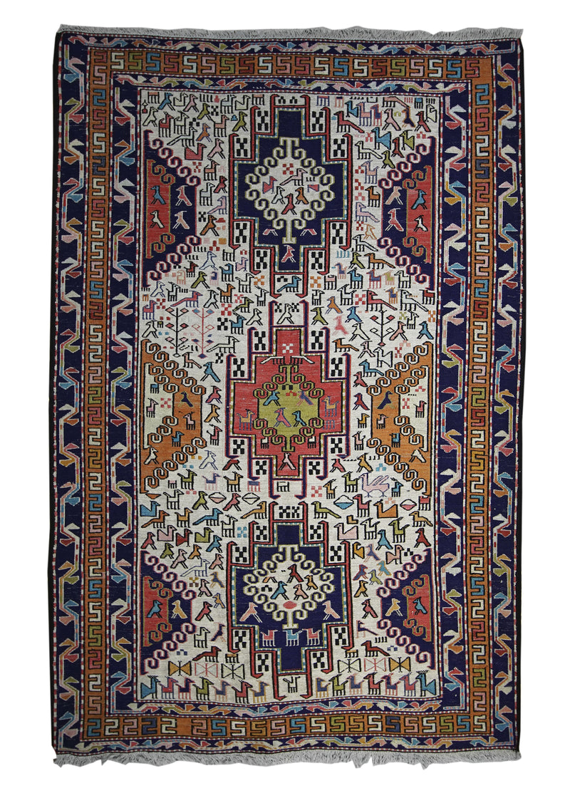 Persian Rug Azerbaijan Handmade Area Tribal 3'5"x4'10" (3x5) Whites/Beige Multi-color Geometric Kilim Animals Design #A11547