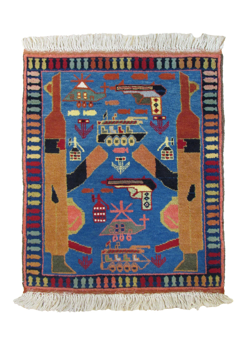 Oriental Rug Afghan Handmade Area Tribal 2'4"x2'10" (2x3) Blue Multi-color War Design #A11549