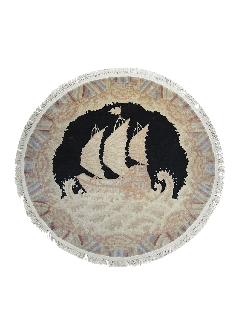 Oriental Rug Chinese Handmade Round Traditional 4'2"x4'2" (4x4) Black Whites/Beige Pictorial Design #A11572