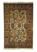 Oriental Rug Indian Handmade Area Transitional 4'0"x6'1" (4x6) Whites/Beige Yellow/Gold Tea Washed Floral Design #A11587