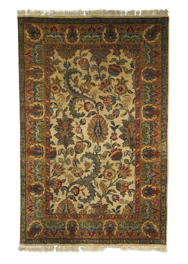 Oriental Rug Indian Handmade Area Transitional 4'0"x6'1" (4x6) Whites/Beige Yellow/Gold Tea Washed Floral Design #A11587
