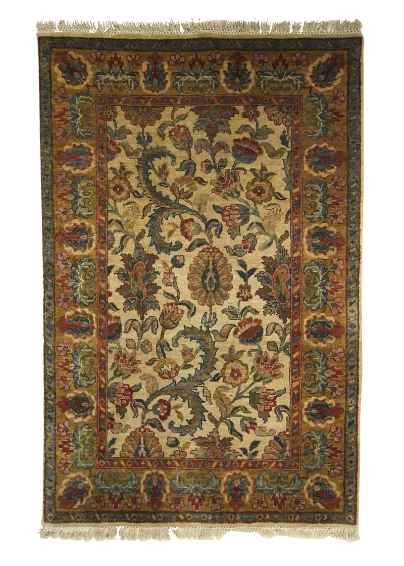 Oriental Rug Indian Handmade Area Transitional 4'0"x6'1" (4x6) Whites/Beige Yellow/Gold Tea Washed Floral Design #A11587